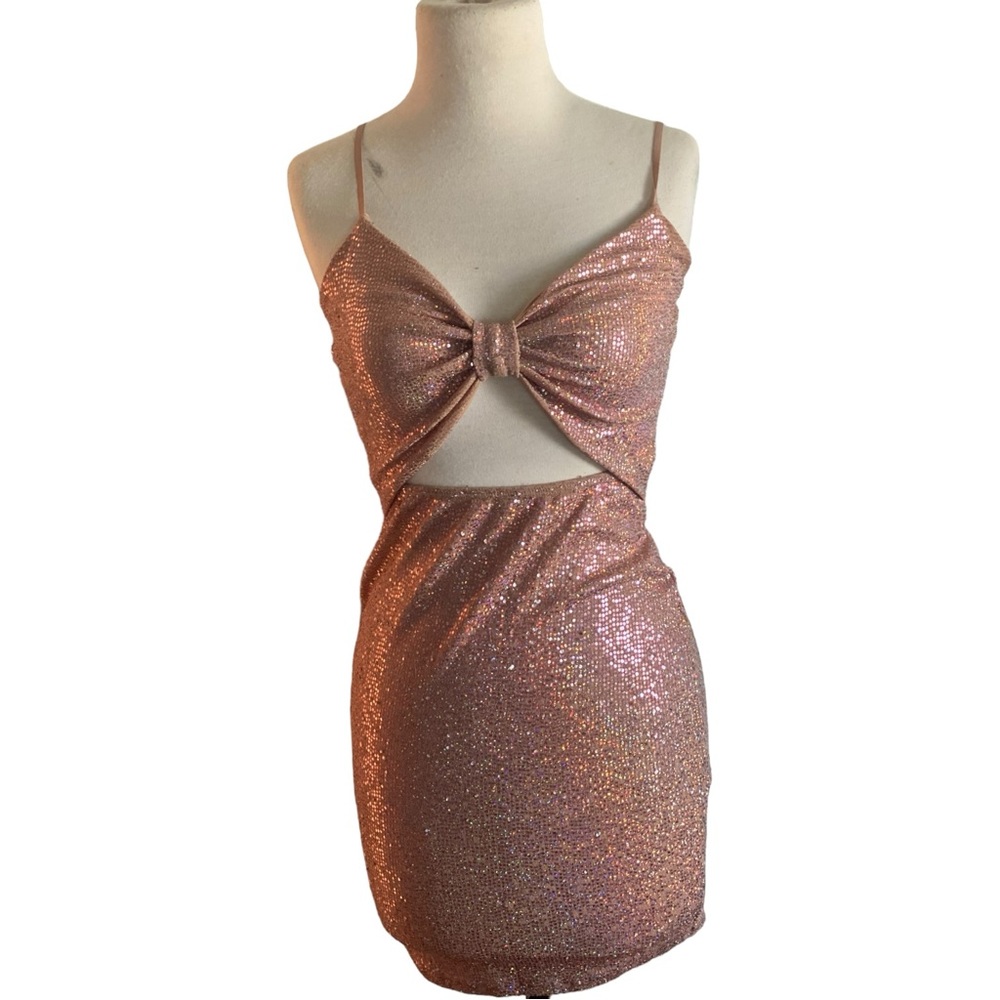 Papaya Rose Gold Holographic Micro Dot Tricot Spaghetti Strap Club Dress